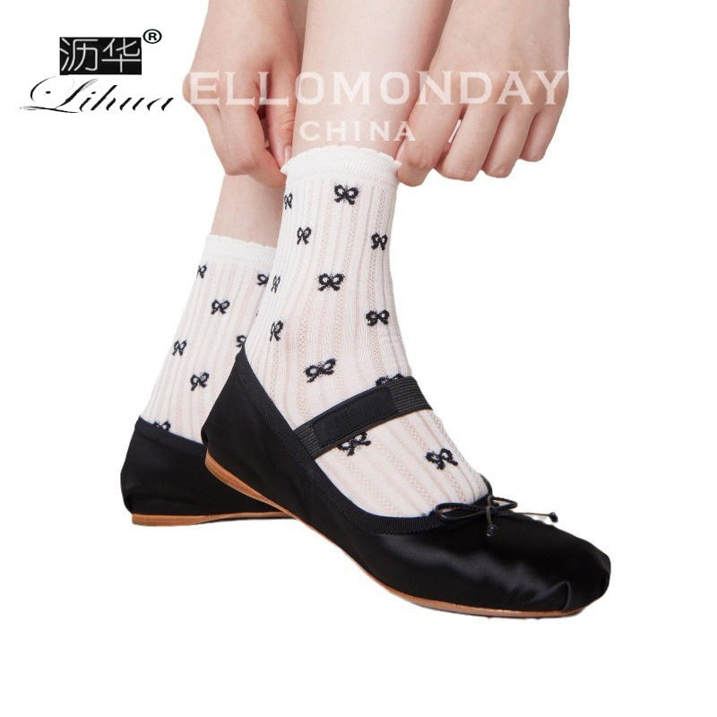 Lh26285148 Bamboo fiber women's summer thin bowknot mid-calf socks, piled socks