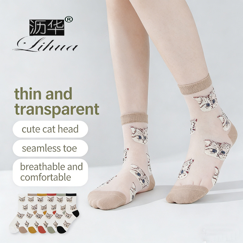 Lh26SD5417 Glass silk stockings women's Japanese style socks for spring and summer new product Ins cute cat mid-calf socks